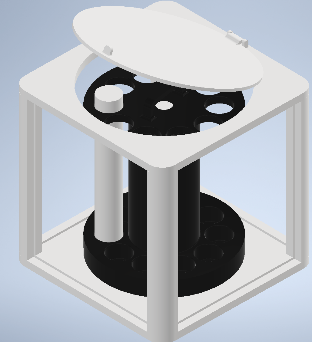 CAD render of the automated fluid analysis machine showing the enclosure and carousel