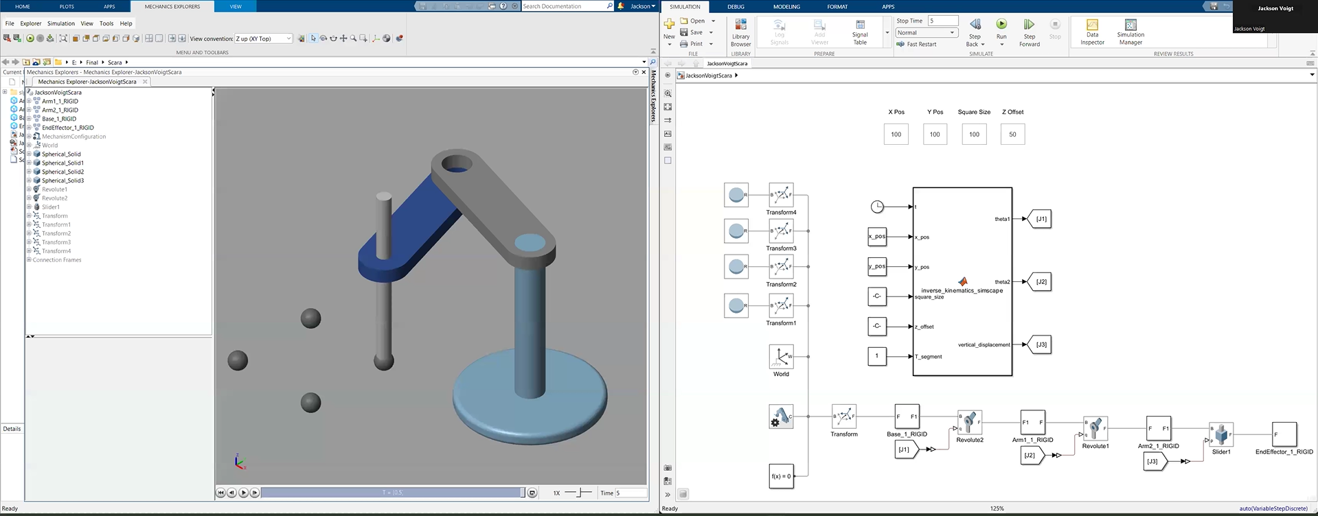 SCARA robot Simscape model alongside its Simulink kinematic model