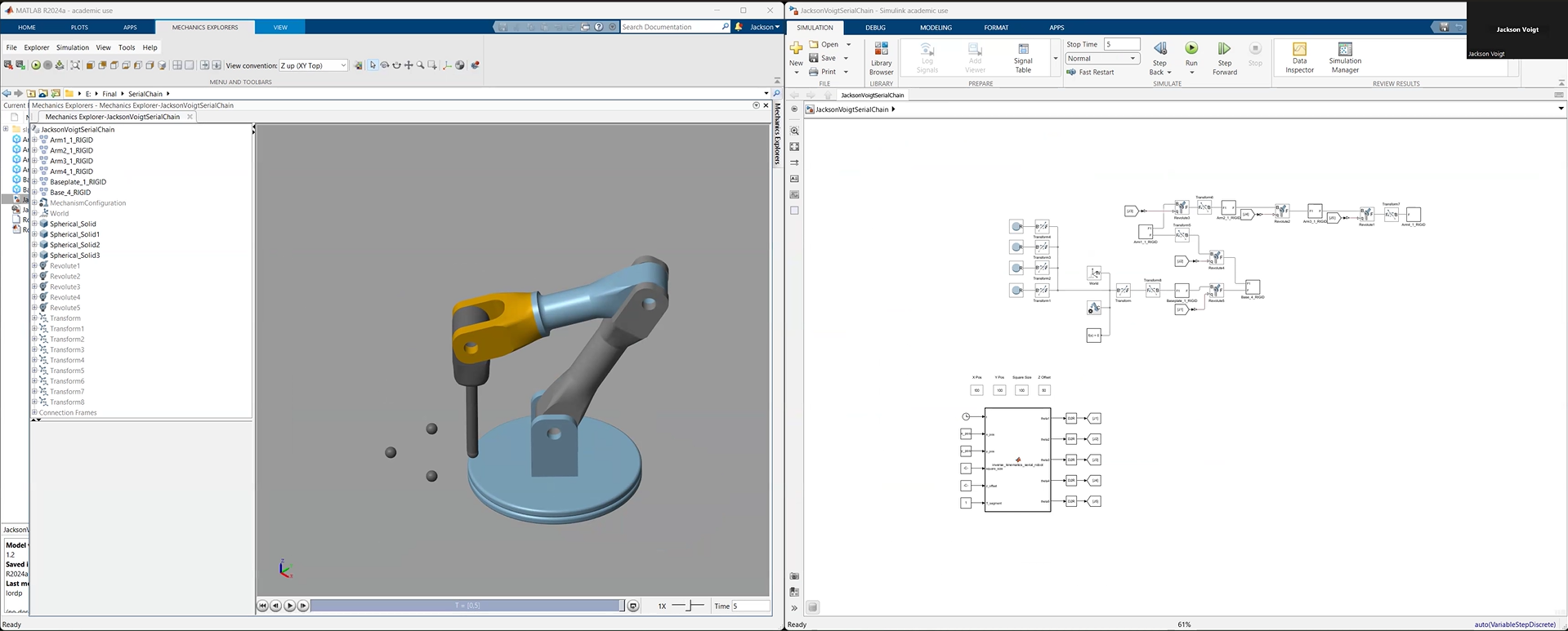 Serial-chain robot Simscape model alongside its Simulink kinematic model